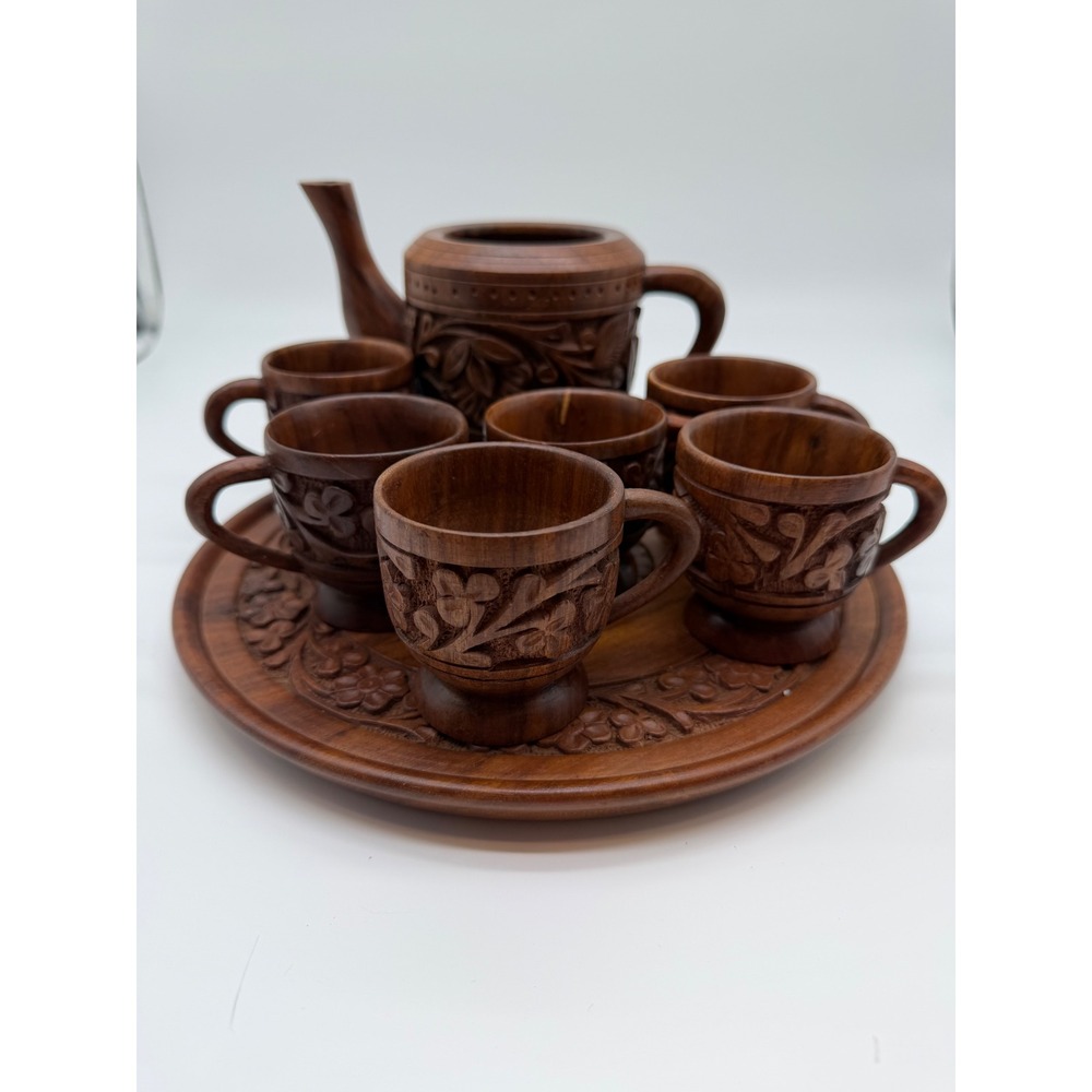 Hand Carved Wooden Tea Set 8pc Floral Teapot 6 Cups Serving Tray Brown Artisan